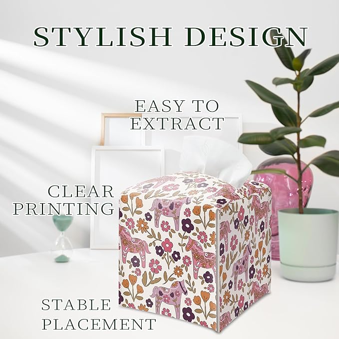 Pink Tissue Box Holder, Pink Floral Dala Horse Leather Tissue Box Cover Square, Paper Napkins Everyday Dispenser for Bathroom Vanity Countertop Night Stands Kitchen Office Home Decor