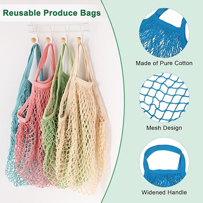 M METERXITY 1-Pack Cotton Mesh Bag, Reusable Washable Mesh Net String Grocery Bags, Reusable Produce Bags with Handle, Net Tote Bag for Fruits/Vegetables Shopping [Blue, Short Handle]