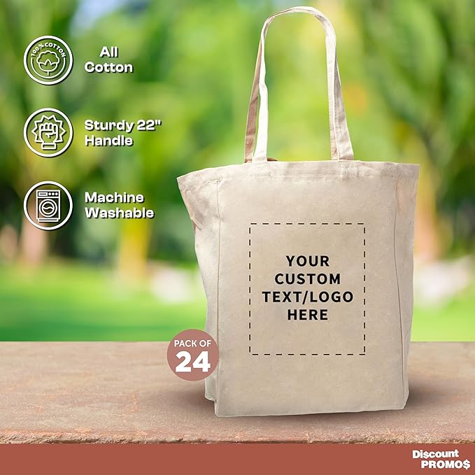 DISCOUNT PROMOS Custom Cotton Canvas Tote Bags Set of 100 - Personalized, Reusable, Perfect for Grocery, Promotions, Branding - Natural Color, 14.25"X15.5"X5", 10 OZ Cotton