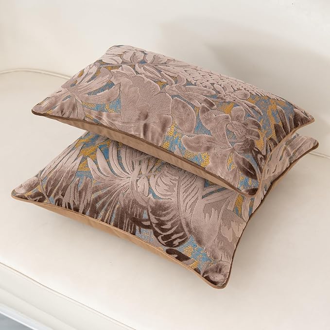 Alerfa Brown Throw Pillow Cover 18x18 Inch, Square Cut Velvet Maple Leaf Embroidery Luxury Farmhosue Accent Decorative Pillow Cover for Couch Living Room Bedroom