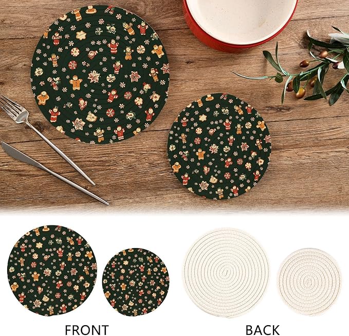 Christmas Green Trivets for Hot Dishes Pots and Pans Potholders Woven Trivet Cotton Round Large Pot Holder Decor Heat Resistant Hot Pads Mat for Table Counter Cooking Potholder Set of 2 (