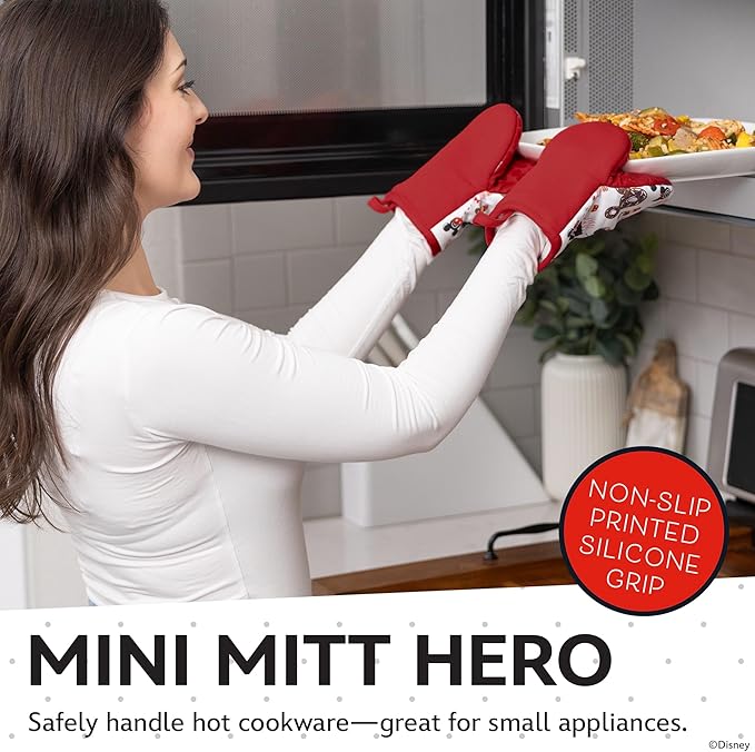 Disney Oven Mitts - 5.5” x 7.5” Heat-Resistant Mini Oven Mitts with Non-Slip Printed Silicone Disney Silhouettes - Mickey & Minnie, Stitch, Winnie The Pooh
