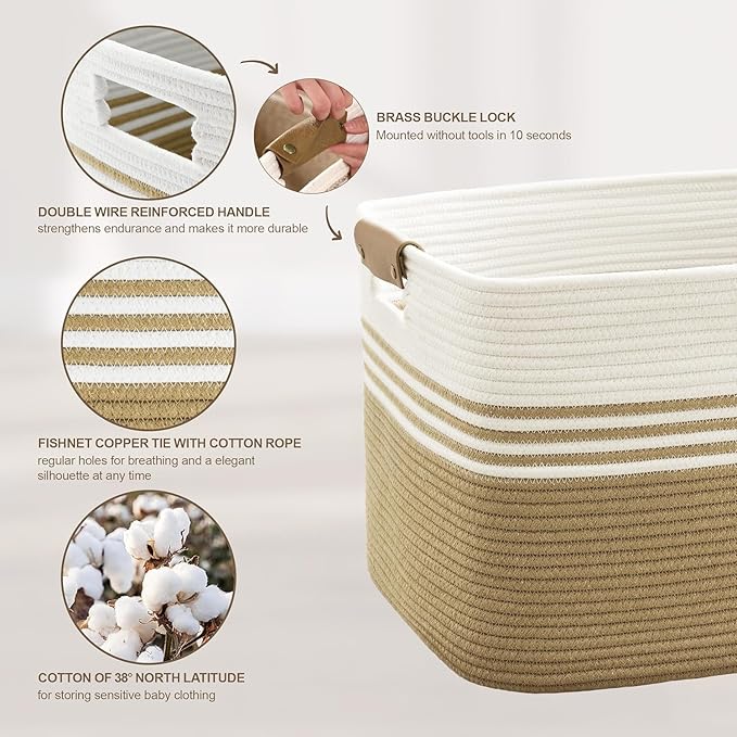 SunNewt 45L Small Laundry Basket with Leather Handles for Living Room Storage, Woven Rope Baskets Bin for Blanket, Kids Toy, Gifts, Wicker Hamper for Bedroom Dirty Clothes, 18"x14"x11" Khaki