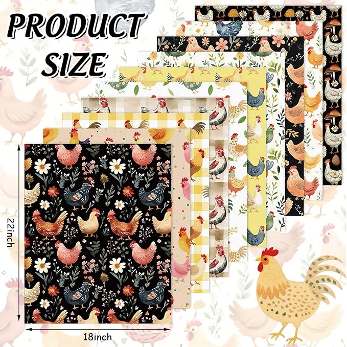 JarThenaAMCS 10Pcs Chicken Cotton Fabric Bundles Hen Rooster Flower Fat Quarters Farm Quilting Patchwork for DIY Sewing Craft Decor, 18 x 22 Inch