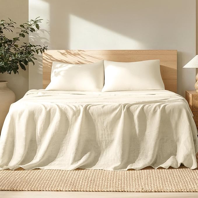Bare Home Full Sheet Set - Luxury 100% European Linen - Deep Pockets - Easy Fit - 4 Piece Set - Bedding Sheets & Pillowcases (Full, Natural)