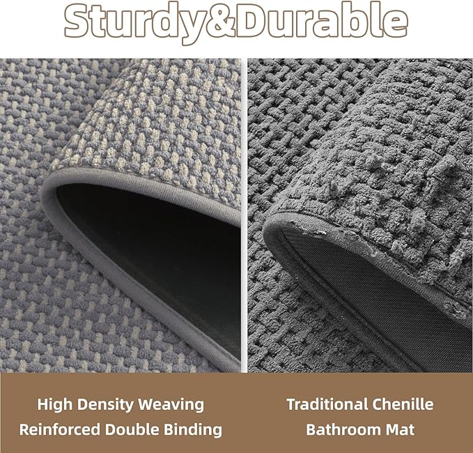 PADOOR-Bath Mat Runner-Super Absorbent Chenille Bathroom Mats-Rubber Backed Bath Mats for Bathroom Non Slip, Easy Clean Bathroom Runner Rugs Front of Bathtub,Shower Room,Sink-17×59, Grey&Beige