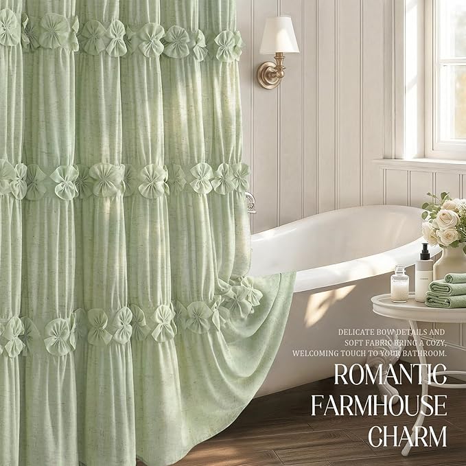 XOGUIBO Ruffle Shower Curtain with Handmade Bow Tie, Green Linen Vintage Farmhouse Shower Curtain for Bathroom, 72" W x 72" H