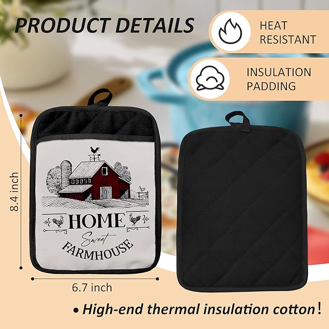 Home Sweet Farmhouse Chicken Oven Mitts Set, Chicken Gifts for Lovers Women, Farmhouse Heat Resistant Kitchen Oven Gloves for Baking and Cooking,Pot Holders