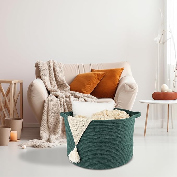 XUANGUO Large Cotton Rope Basket – 22"x14" Woven Storage Basket for Blankets, Toys, Laundry, and Nursery – Round Baskets for Living Room and Kids Dark Green
