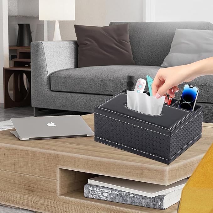 XNONE Tissue Box Cover Rectangle Black Tissue Box Holder PU Leather Facial Tissue Organizer,Multifunctional Remote Control Stationery Storage Box,Home Office Supplies Car Napkin Caddy
