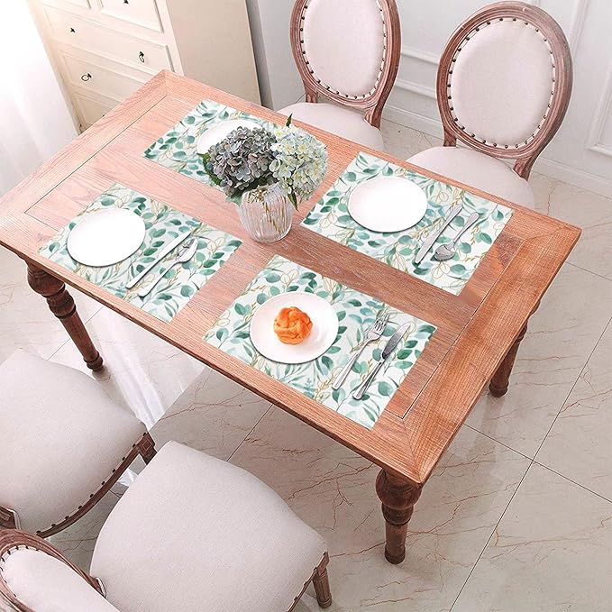 Sage Green Leaves Placemats Set of 4 Cute Botanical Dining Table Mats Washable Place Mats for Kitchen Dinner Spring Summer Parties Wedding Decorative 12"x18"