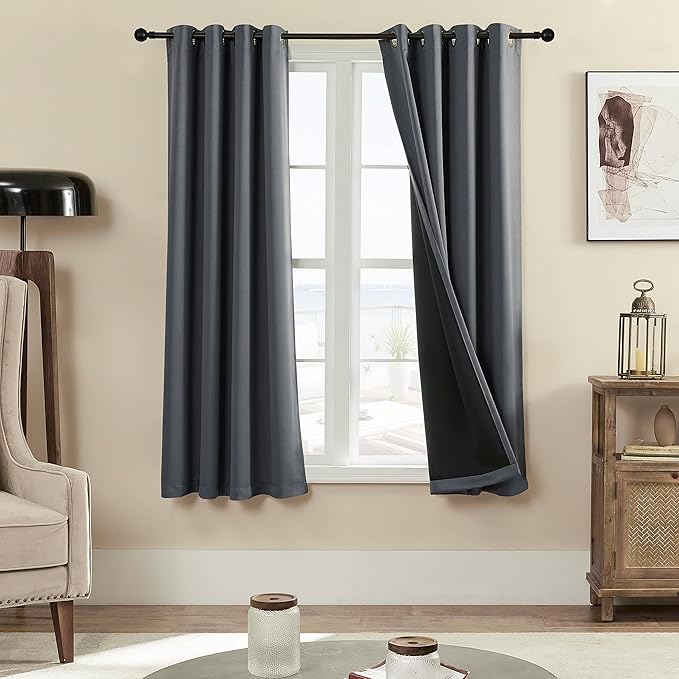 Rutterllow 100% Blackout 340 GSM Curtain 2 Panels, Heat and Full Light Blocking Drapes with Grommets for Bedroom,Dark Grey Thermal Insulated Window Treatment Drapes for Living Room(Gray,52x63inch)