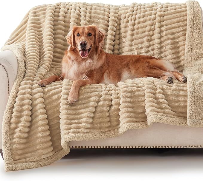 AIPERRO Waterproof Dog Blanket for Large Dogs, Washable Soft Puppy Cat Blanket Flannel Cotton Velour for Sofa Couch Protector, Comfort & Security Reversible Bed Protection for Pet, 60"X80", Khaki