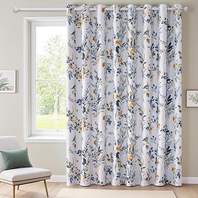 MYSKY HOME Floral Blackout Room Divider Curtains 90 inches Long for Bedroom Patio Sliding Door Thermal Insulated Privacy Curtains for Extra Wide Window Living Room, 1 Panel, Yellow and Blue, 100" Wide