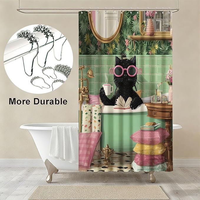 mutakin Funny Cat Shower Curtain Cute Kitten Taking Bath Shower Curtains for Bathroom Waterproof Fabric Bath Curtain Decor with Hooks