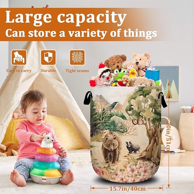 Forest Bear Deer Laundry Basket with Sturdy Handles, Watercolor Wild Animal Collapsible Oxford Cloth Laundry Hamper Organizer Basket for Bathroom Bedroom 15.7x20 Inch
