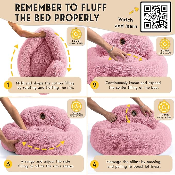 PetJett Calming Large Dog Bed - 36'' Donut Dog Beds, Anti-Slip & Washable Large Round Bed, Fluffy Faux Fur Pet Bed, Super Soft Anti-Anxiety Premium Comfort Bed, Fits Dogs up to 80 lbs - Pink