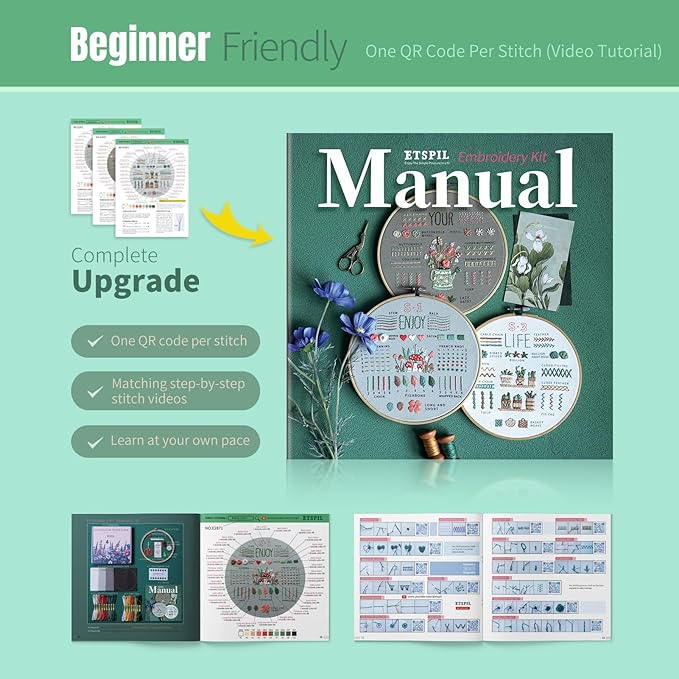 ETSPIL Embroidery Kit for Adult Beginners, 3-Pack 33-Stitch Practice Samplers, Pre-Stamped Patterns, 7.8-Inch Hoop, Threads & Needles, Step-by-Step Guide & Video, DIY Needlework Craft Gift for Women
