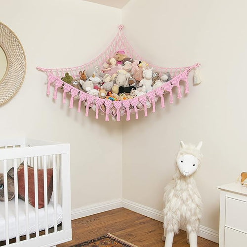 Abby Baby Extra Large Stuffed Animal Storage Hammock Corner with LED Lights – 25LB Capacity Hanging Toy Net for Small or Large Plushies, Boho Macrame Squishmallow, Plush Net, Pink