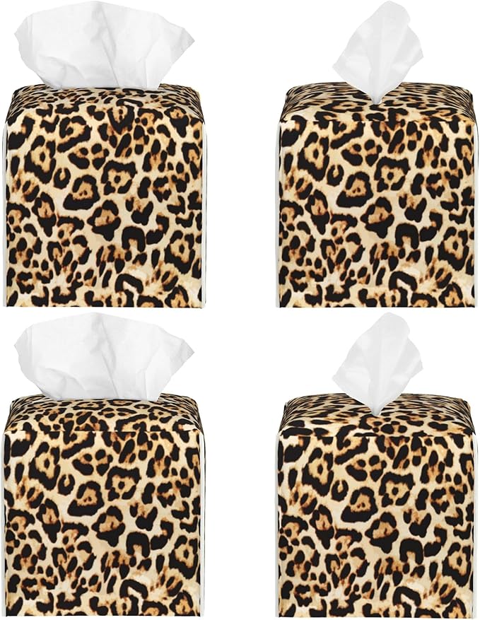 POIUBLE Leather Tissue Box Holder Leopard Print Tissue Box Cover Square Waterproof Tissue Holder Organizer Modern Napkin Holder for Bedroom Dresser Night Stand Office Desk