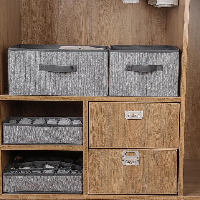 EITMOW Storage Baskets, 11-Inch Woven Fabric Bins, Storage Cubes with Reinforced Handles, Organizer Bins for Closet Shelves, Foldable, for Toys, Clothes, Natural Beige (2PCS/Grey-11*11*7.8inch)