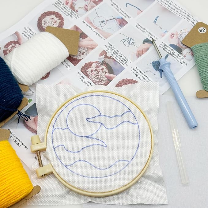 Allazone Punch Needle Kits, Punch Needle Coasters Kit, Punch Embroidery Kit with Felt Yarns Hoop Tools for DIY Coaster Crafts (Mountains and Rivers)