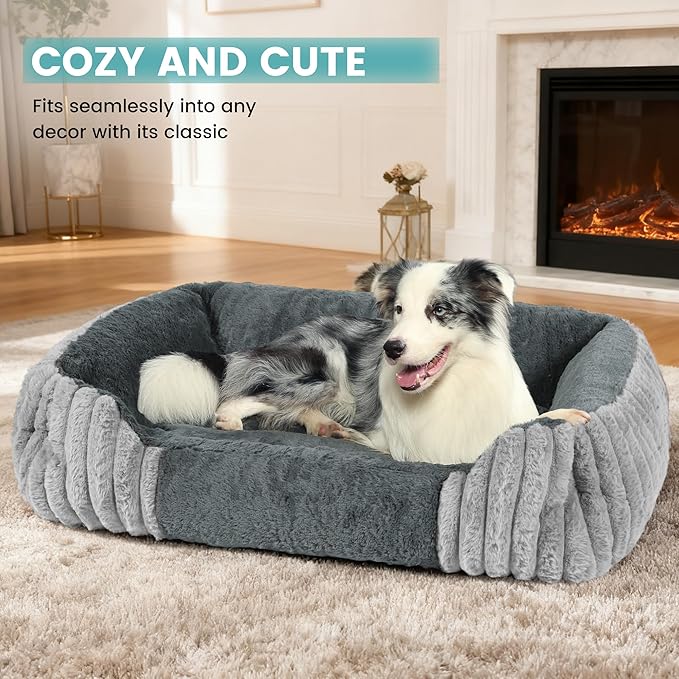 Dog Beds for Large Sized Dogs 35x28 Inch, Comfort-Sided Orthopedic Dog Bed Couch with Breathable Shredded Memory Foam, Faux Rabbit Fur Pet Bed, Non-Detachable, Non-Slip, Machine Washable