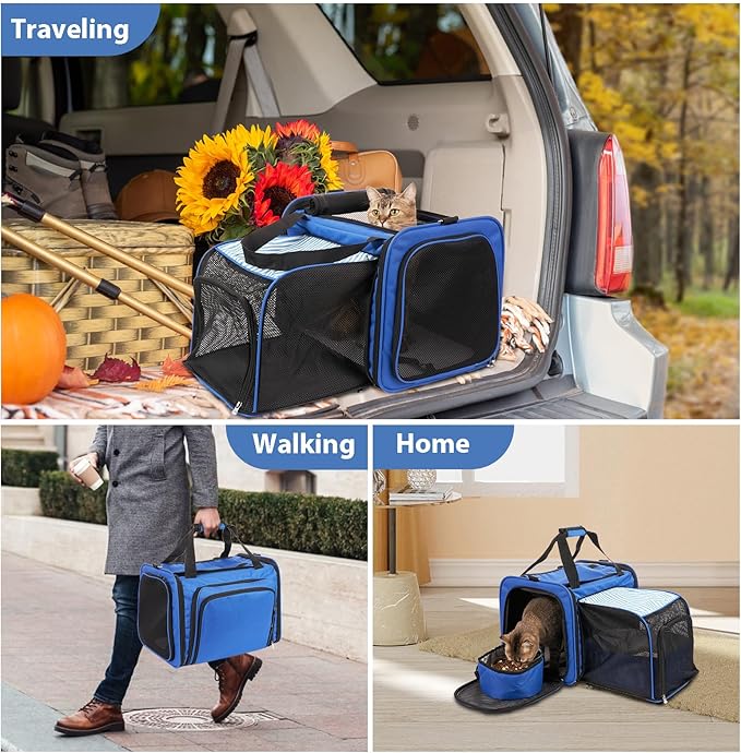 Cat Carrier with Litter Box, Expandable Cat Travel Carrier for Car with Bowl, Collapsible Pet Carrier for Car Travel with Lockable Zippers, Soft Sided Pet Carrier for Cats/Puppies up to 20 lbs, Blue