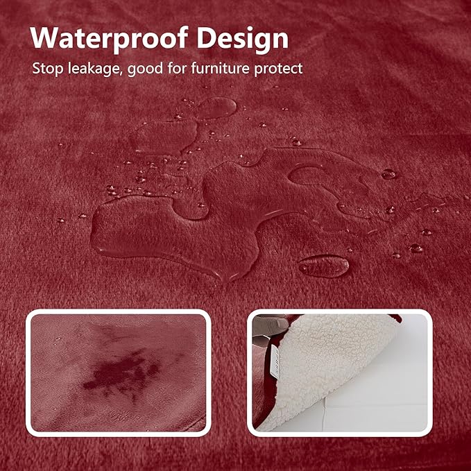 Bigbeer Waterproof Dog Blankets for Large Dogs, Washable Pet Blanket for Indoor Cats, Plush Sherpa Puppy Throw Furniture Protector for Bed Couch Sofa(40"x50",L,Burgundy Red)