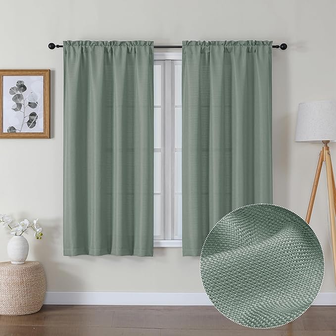 Lecloud Bessie Sage Green Light Filtering Curtains 54 Inch Length 2 Panels Set, Faux Linen Airy Curtains for Bedroom Windows, Window Treatments with Dual Rod Pocket, Each 30 W x 54 L