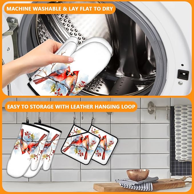 Red Cardinal Birds Oven Mitts and Pot Holders Sets 4Pcs,Extra Long Oven Gloves Potholder for Kitchen Cooking Baking BBQ 100% Cotton Heat Resistant