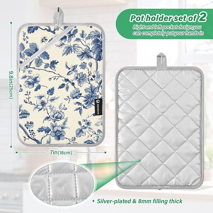 Pot Holders Set of 2 Blue White Chinoiserie Floral Hot Pads for Kitchen Heat Resistant Potholders Sets for Kitchen and Baking 7x9.8in