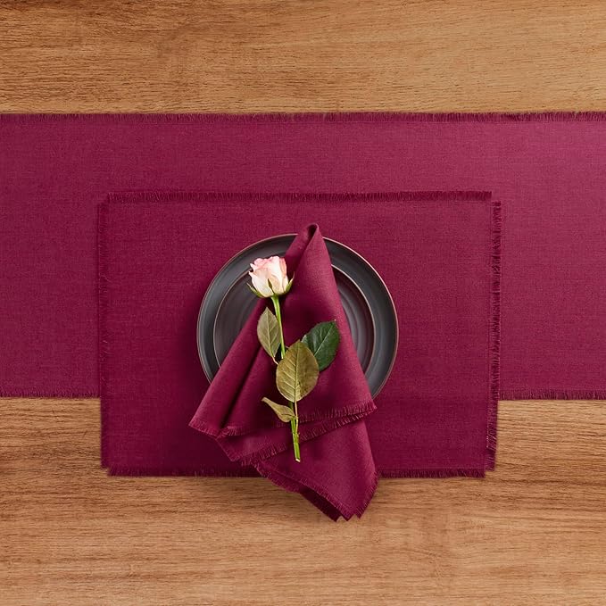 Solino Home Linen Beet Placemats Set of 4-100% Pure Linen Placemats 14 x 19 Inch for Valentines, Winter - Fringe