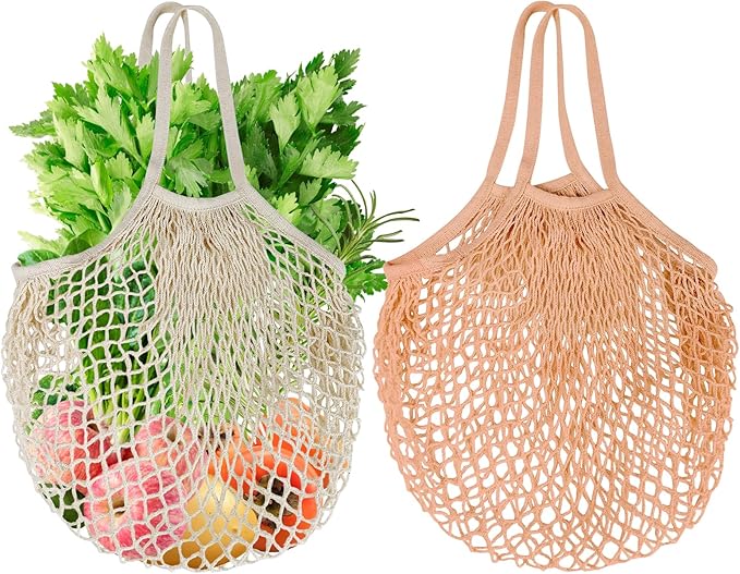 Mordx 2-Pack Reusable Mesh Grocery Bags, 100% Cotton String, Long Handle Produce Bags, Fruit & Veggie Storage