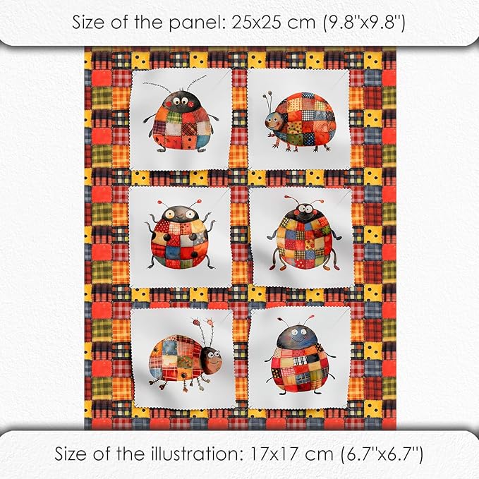 Patchwork Ladybug Cotton Fabric Panel – 6 Designs (10×10 inch Each) + Bonus Sheet 29.5×19.6 inch, 100% Cotton 140 GSM, Made in Türkiye