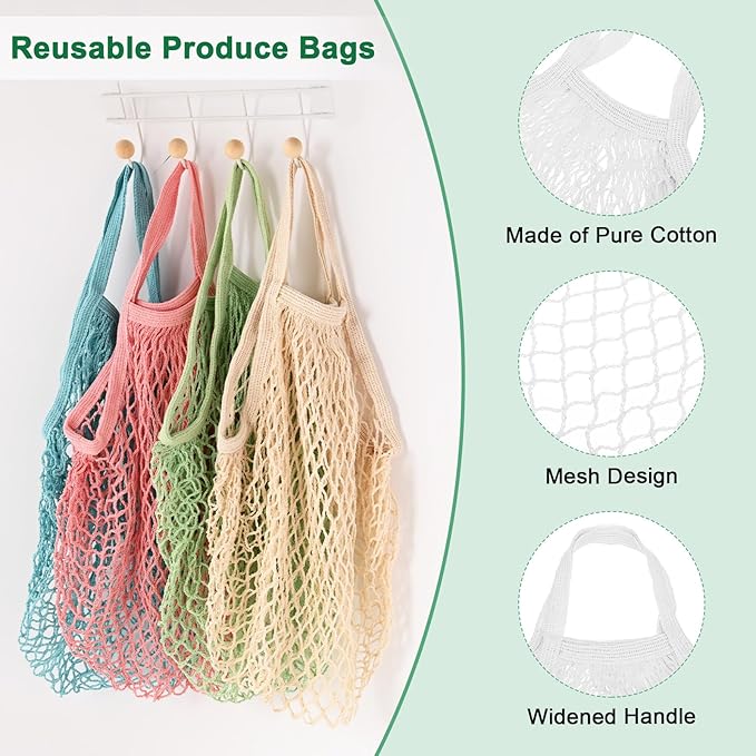 M METERXITY 1-Pack Cotton Mesh Bag, Reusable Washable Mesh Net String Grocery Bags, Reusable Produce Bags with Handle, Net Tote Bag for Fruits/Vegetables Shopping [White, Short Handle]