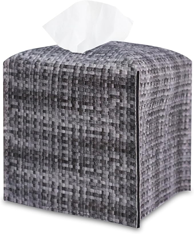 Tissue Box Cover, PU Leather Tissue Box Holder with Bottom Belt, Modern Square Tissue Box Covers with Wide Opening (Black Gray, Woven Patterns)