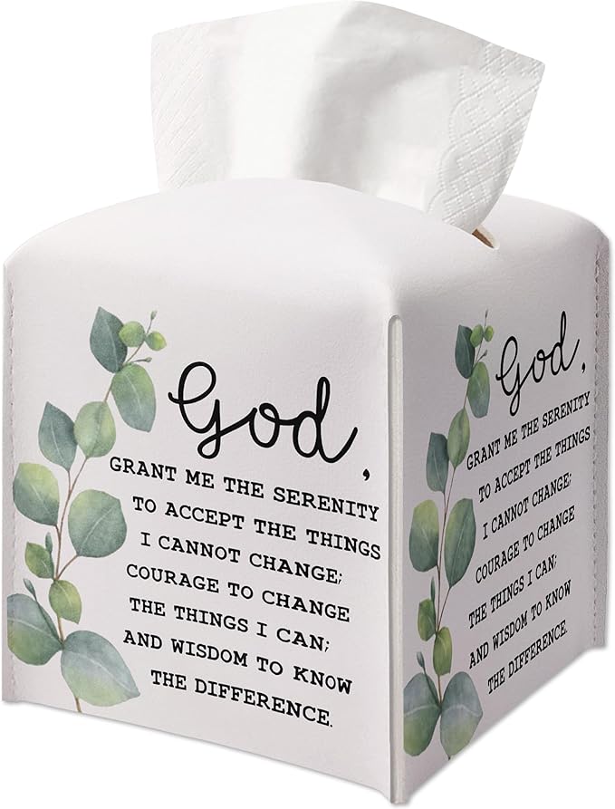 Christian Decorative Tissue Box Cover Square, Leather Facial Paper Organizer, God Inspirational Quote Gift Ideas for Friends, Eucalyptus Print Decor for Bathroom Office-(5.2 Inches)