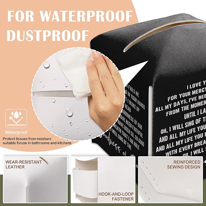 Christian Decorative Tissue Box Cover Square, Black Tissue Box Cover Leather, Inspirational Quote Gift Ideas for Family Friends, Goodness of God Decor for Bathroom Office-(5.2 Inches)