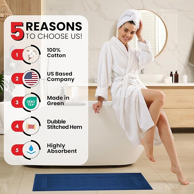 Infinitee Xclusives Premium Cotton Bath Mats for Bathroom – Pack of 2 | 34x22 Inches | Ultra Soft, Super Absorbent, Non-Slip, Machine Washable Mats (Tranquil Navy) [Not a Rug]