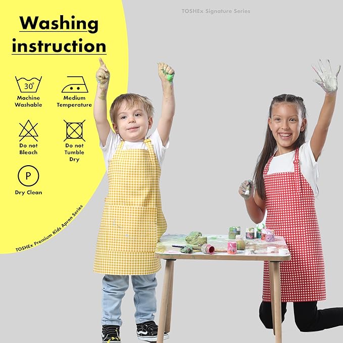 Kids Aprons for Cooking Waterdrop Resistant Aprons for Girl & Boy Toddler Apron for Painting, Gardening, Baking, Smock (Plaid Yellow, Medium (6-10 years)