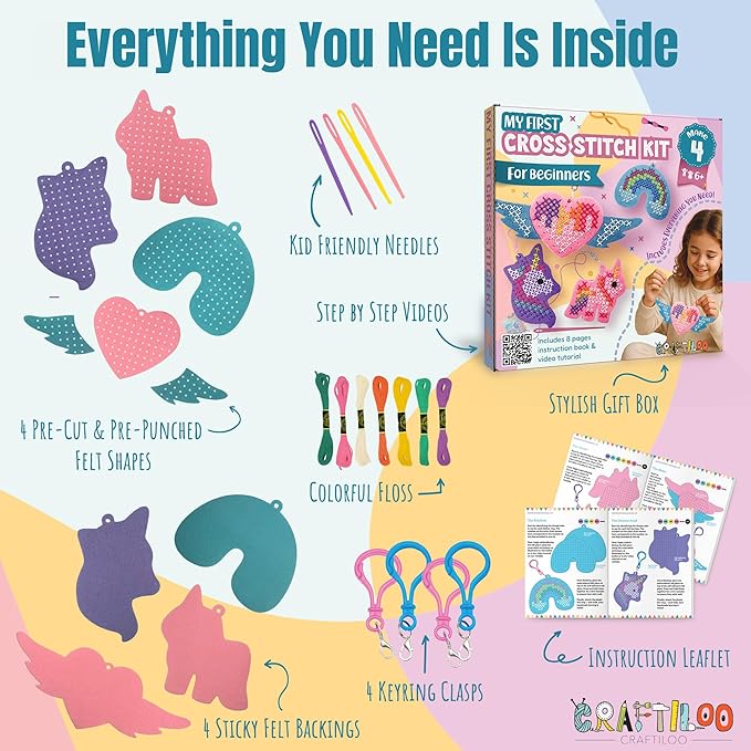 CRAFTILOO My First Cross Stitch Kit for Kids Ages 6–12 – Beginner Needlepoint Set with Pre-Cut Felt, Thread & Keyrings – Makes 4 Colorful Designs: Unicorn, Rainbow, Winged Heart