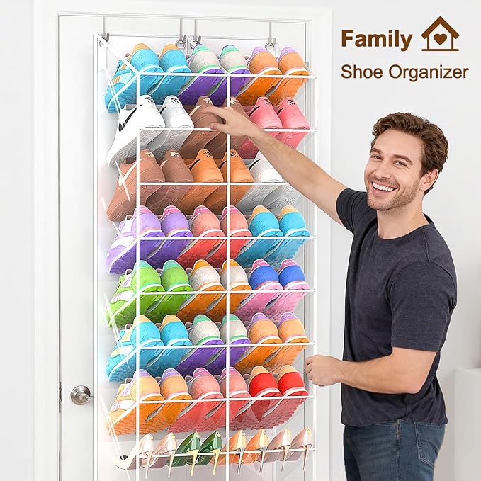 30 Pairs Over the Door Shoe Organizer, Transparent PVC Hanging Shoe Rack for Closet, 10-Tier Door Shoes Storage, Crystal-Clear Visibility Fit All the Family's Sneakers, Boots, Heels, White Frame