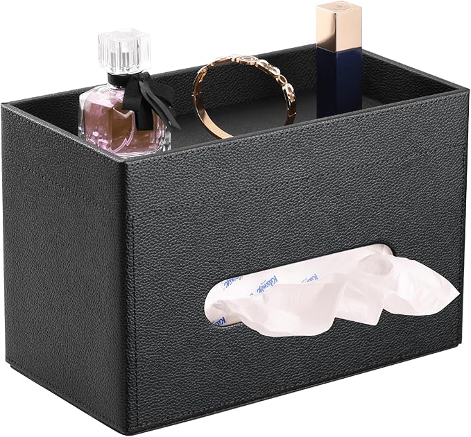 LAMOTI Rectangular Tissue Box Cover with Storage Tray, Leather Facial Tissue Box Holder for Bathroom, Office Table, Countertop, Night Stand & More (Black)