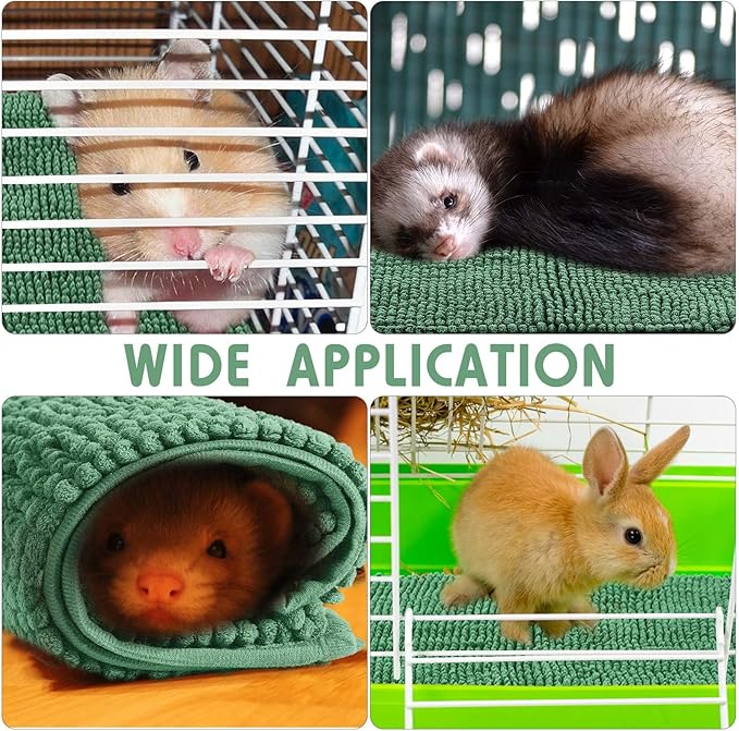 Amylove 4 Pcs Guinea Pig Cage Liner Guinea Pig Bedding Dog Door Mat for Muddy Pet Paws Washable Chenille Pee Pads Small Animal Sleeping Bed for Bunny Hamster(16 x 24 Inch,Rectangular,Dark Green)