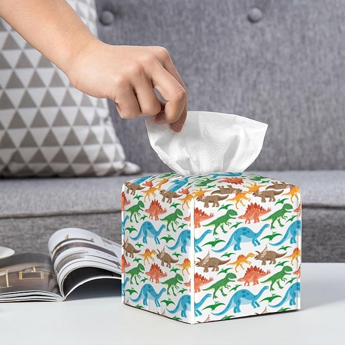 POIUBLE Tissue Box Holder Cute Dinosaurs Tissue Box Cover Square Leather Tissue Holder Organizer Portable Decorative Facial Paper Case for Home Office Bathroom Vanity Countertop