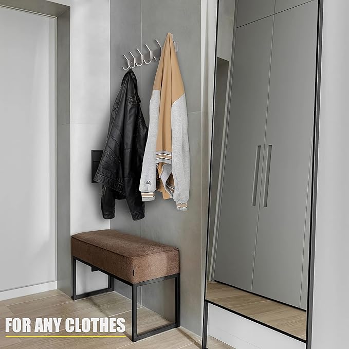 SAYONEYES Coat Rack Wall Mount – Brushed Nickel 17 Inch Stainless Steel Hook Rail with 6 Heavy Duty Double Coat Hooks – Wall Mounted Coat Hanger for Entryway, Bathroom, Bedroom, Towel, Hat Organizer