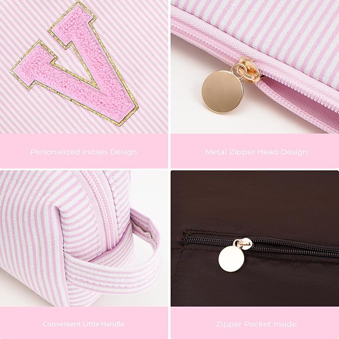 Btffitting Personalized Makeup Bag for Women Girls - Fashion Cosmetic Bag Trendy Travel Toiletry Bag with Initials Letter - Teen Gifts - Pink,V
