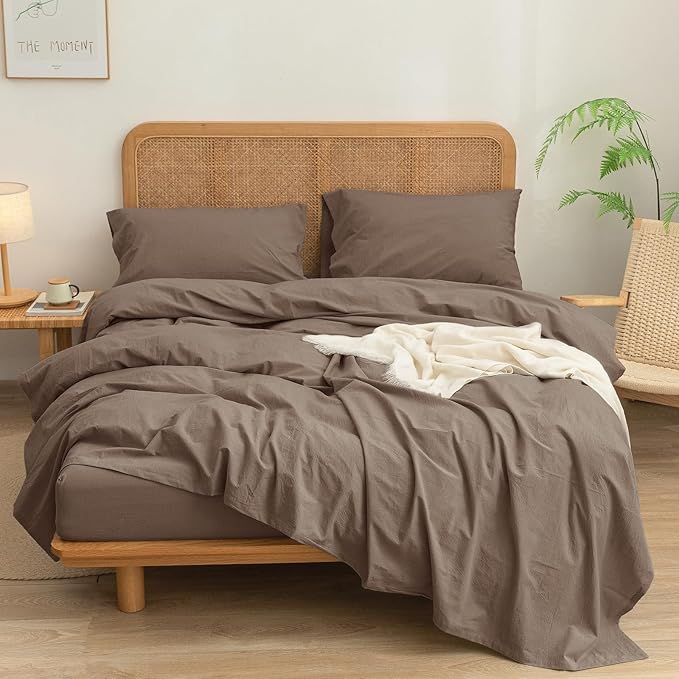 BESTOUCH Sheet Set 100% Washed Cotton Linen Feel Super Soft Comfortable Chic Lightweight 4 Pcs Home Bedding Set Solid Pine Bark Brown Cal King
