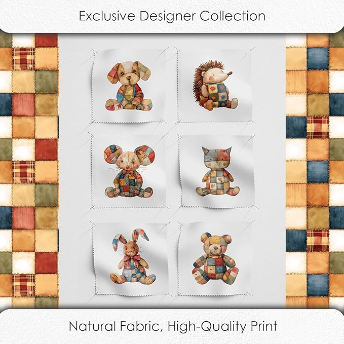 Patchwork Animals Cotton Fabric Panel – 6 Designs (10×10 inch Each) + Bonus Patchwork Sheet 29.5×19.6 inch, 100% Cotton 140 GSM